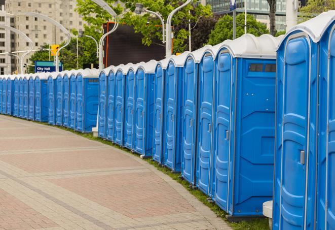 Seasonal porta potty units set up at a Des Moines, Iowa venue